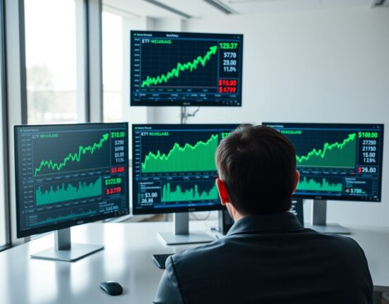 Professional trading desk with monitors showing Bitcoin ETF inflow data and positive green charts