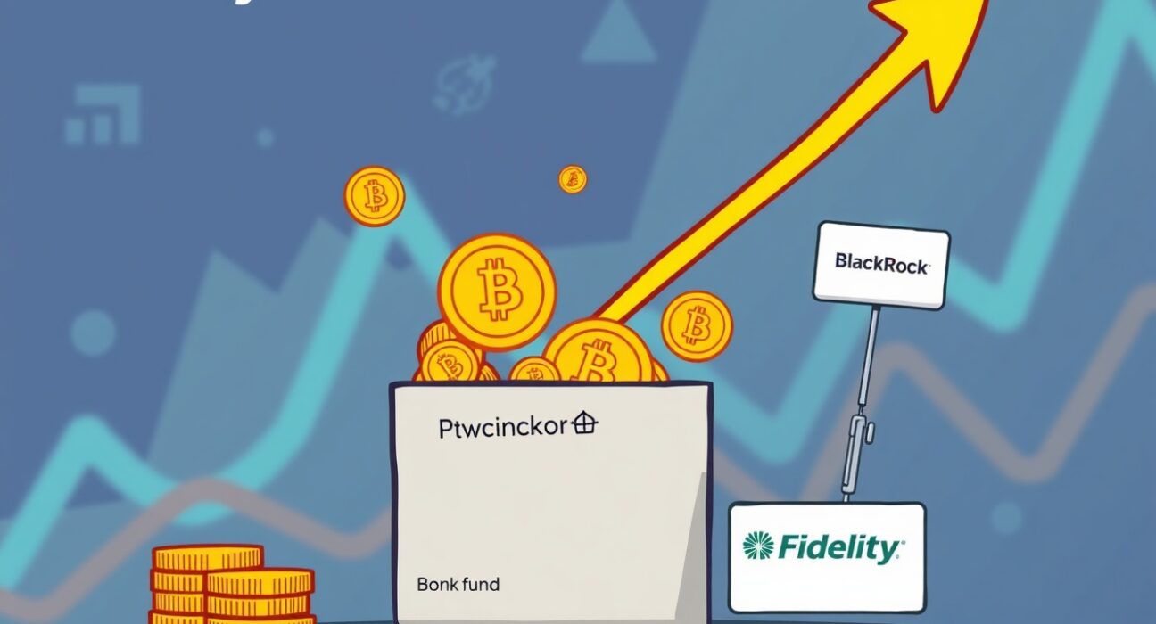 Cartoon showing US spot Bitcoin ETFs experiencing significant net inflows, indicating a positive market shift.