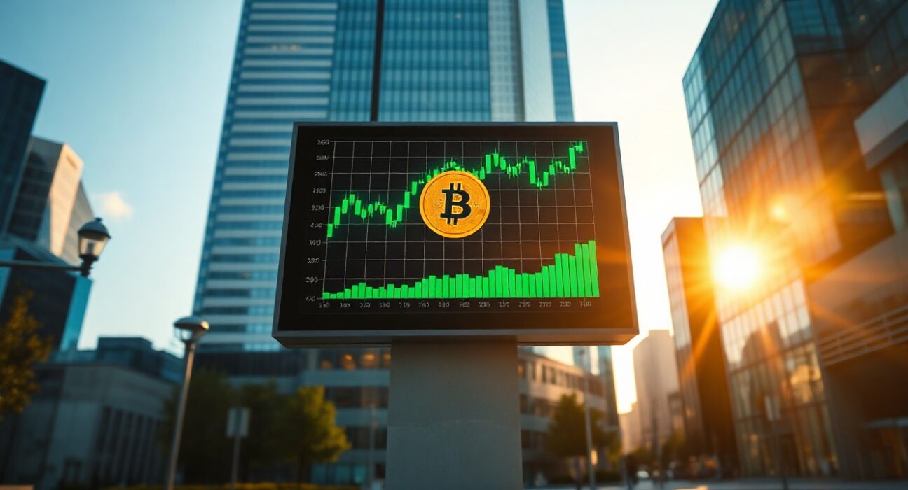 Digital display board showing Bitcoin symbol and green upward-trending charts in a modern financial district.