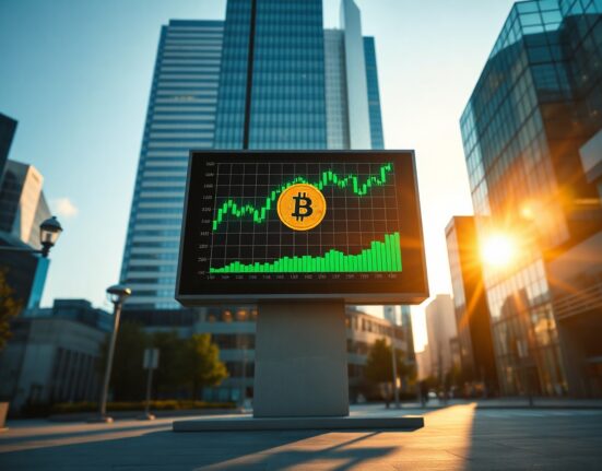Digital display board showing Bitcoin symbol and green upward-trending charts in a modern financial district.