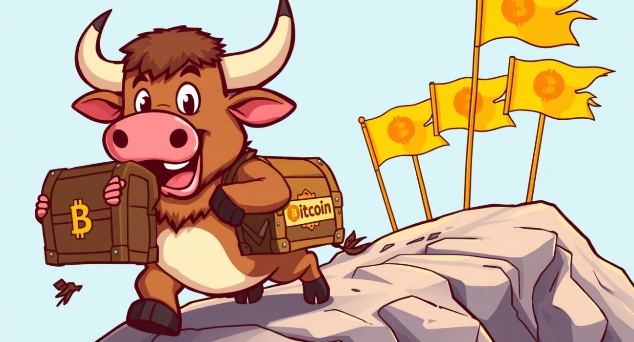 A vibrant cartoon bull carrying a Bitcoin treasure chest, symbolizing the powerful 5-day inflow streak for US spot Bitcoin ETFs.