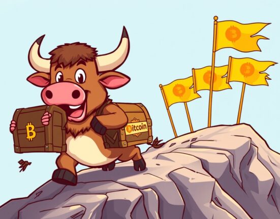 A vibrant cartoon bull carrying a Bitcoin treasure chest, symbolizing the powerful 5-day inflow streak for US spot Bitcoin ETFs.