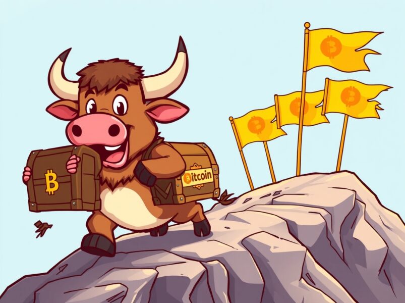 A vibrant cartoon bull carrying a Bitcoin treasure chest, symbolizing the powerful 5-day inflow streak for US spot Bitcoin ETFs.