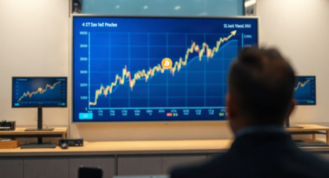 Digital display showing Bitcoin price chart with upward trend in a financial newsroom setting.