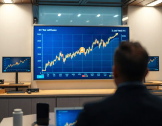 Digital display showing Bitcoin price chart with upward trend in a financial newsroom setting.