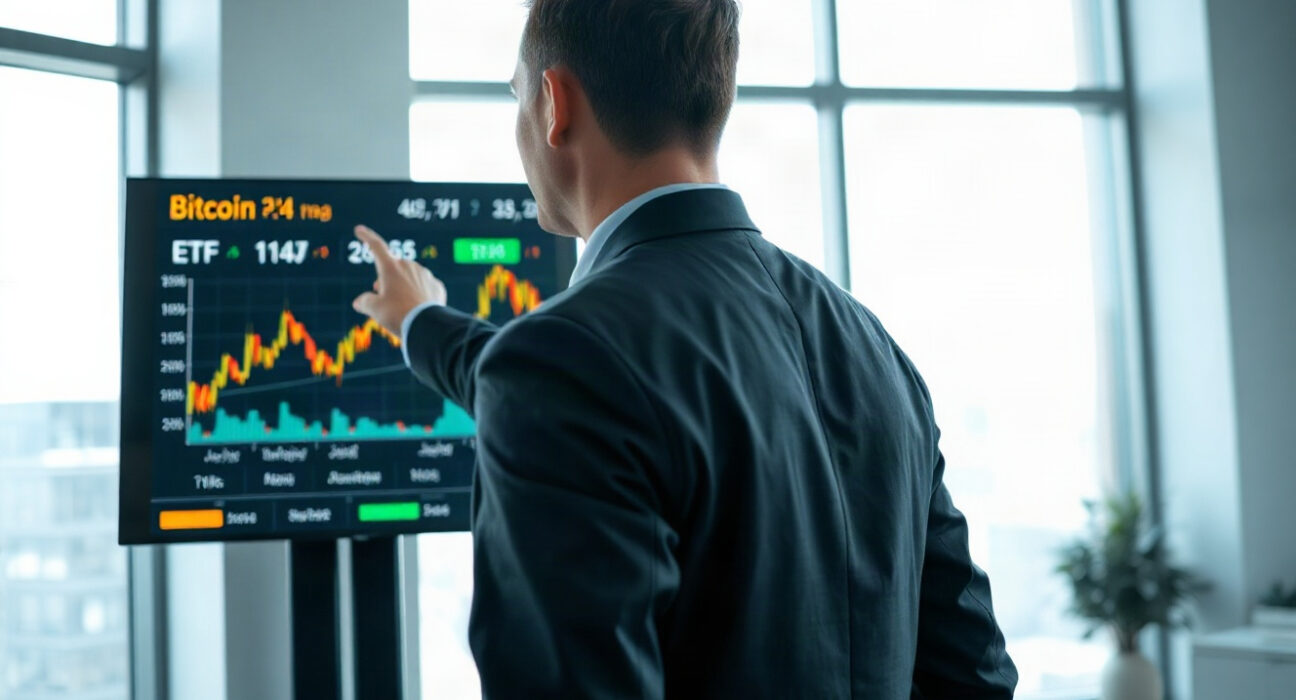 Financial analyst pointing to Bitcoin ETF inflow chart on a digital screen