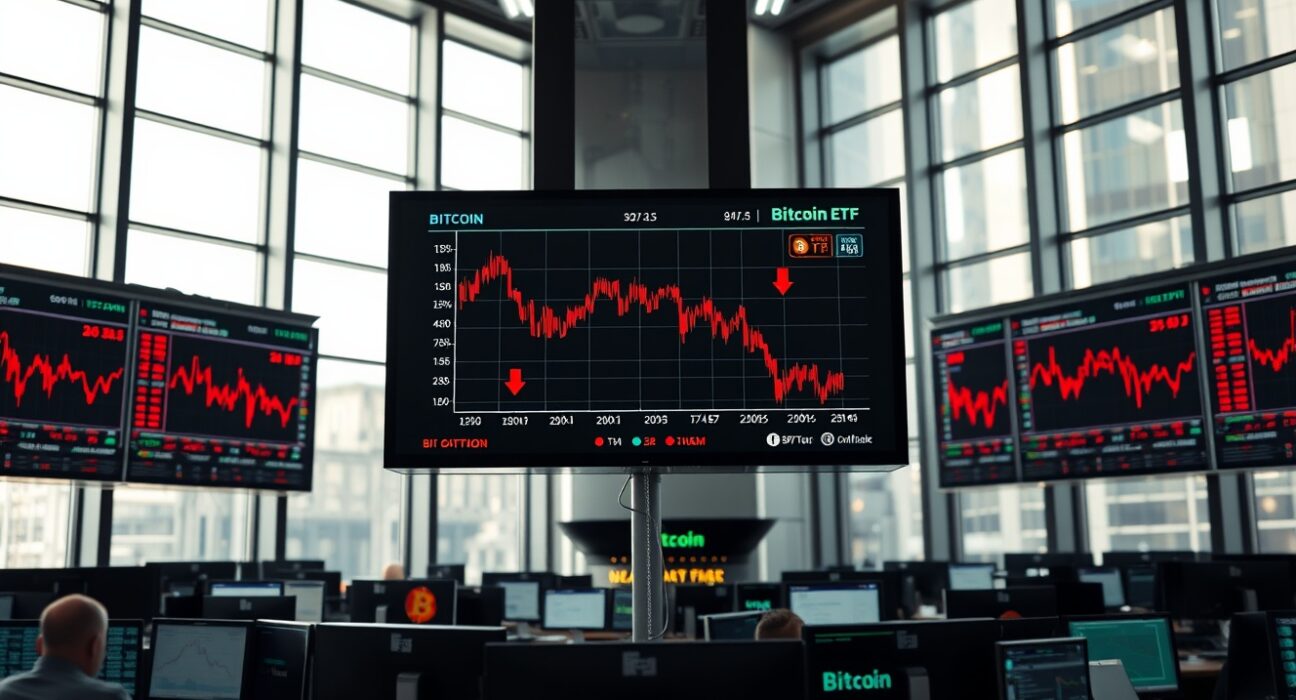 Financial trading floor with screens showing Bitcoin ETF outflow data and declining price charts