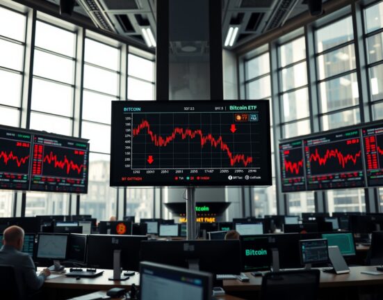 Financial trading floor with screens showing Bitcoin ETF outflow data and declining price charts