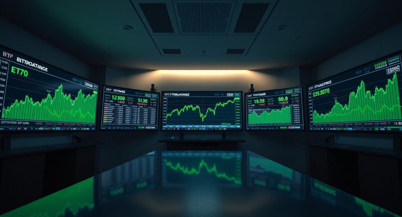Digital trading screens display Bitcoin price charts and ETF data on a modern trading floor.