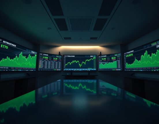 Digital trading screens display Bitcoin price charts and ETF data on a modern trading floor.