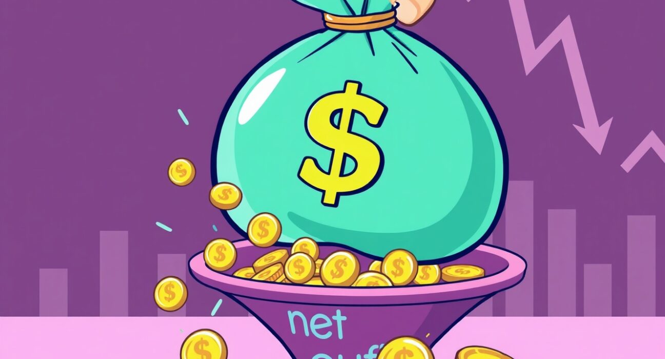 Cartoon illustration depicting significant net outflows from US spot Bitcoin ETFs, with digital currency flowing out of a large money bag.