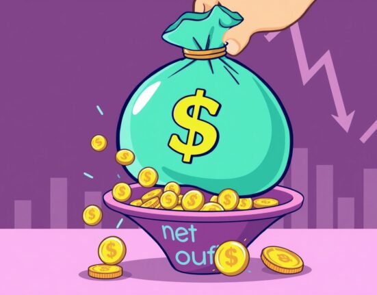 Cartoon illustration depicting significant net outflows from US spot Bitcoin ETFs, with digital currency flowing out of a large money bag.