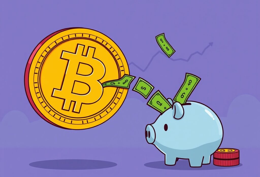 Cartoon illustration depicting significant outflows from U.S. spot Bitcoin ETFs, showing money leaving a Bitcoin symbol.