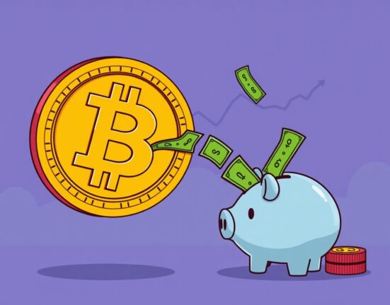 Cartoon illustration depicting significant outflows from U.S. spot Bitcoin ETFs, showing money leaving a Bitcoin symbol.