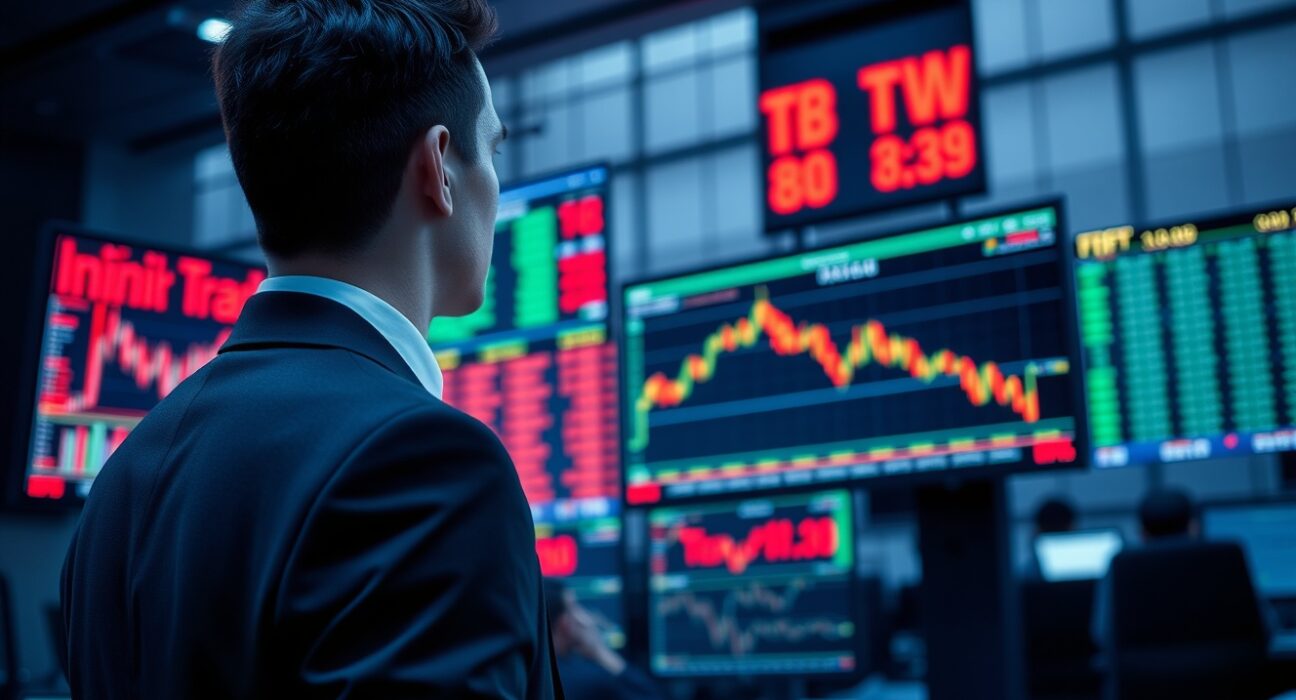 Trader monitoring Bitcoin ETF data on screens in a financial trading floor setting