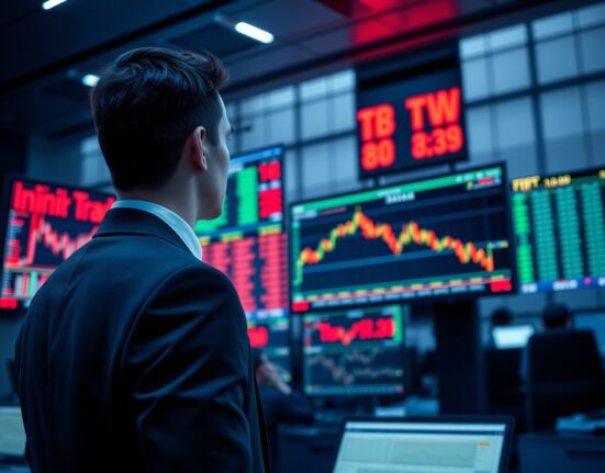 Trader monitoring Bitcoin ETF data on screens in a financial trading floor setting