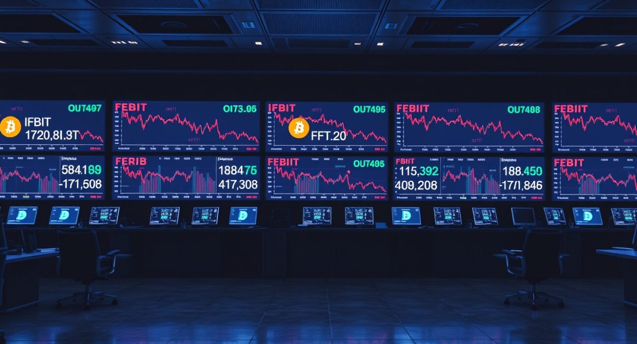 Trading floor screens showing Bitcoin ETF outflows with red indicators