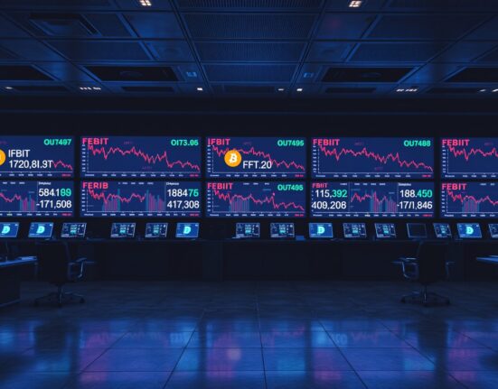Trading floor screens showing Bitcoin ETF outflows with red indicators
