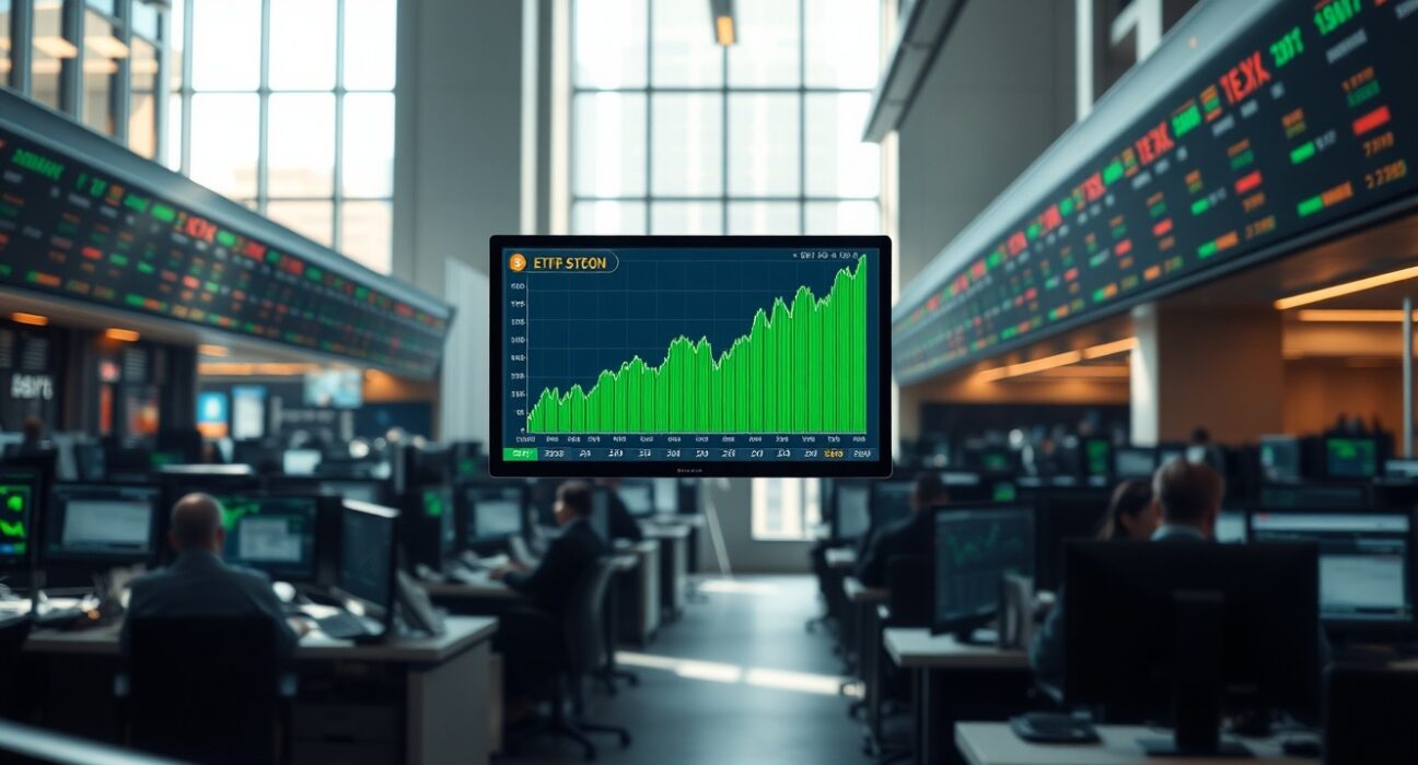 A trading floor monitor displaying a rising Bitcoin price chart, symbolizing steady ETF inflows.