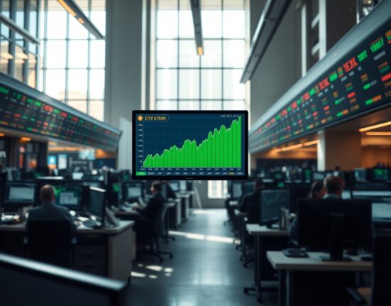 A trading floor monitor displaying a rising Bitcoin price chart, symbolizing steady ETF inflows.