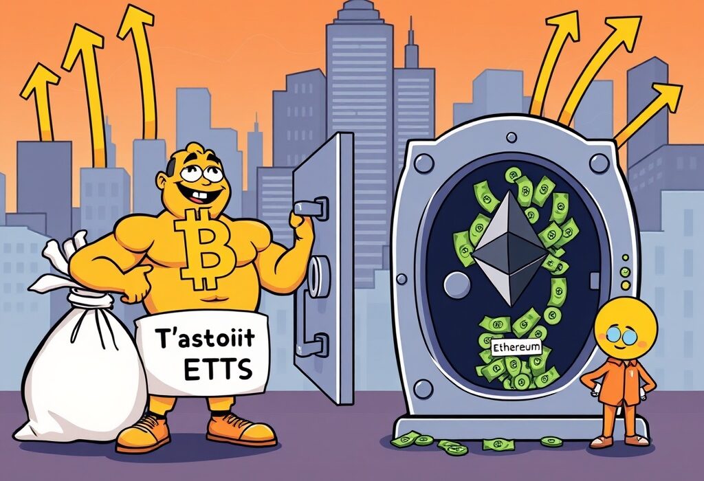 Cartoon showing US spot Bitcoin ETFs gaining significant inflows while Ethereum ETFs experience outflows, highlighting market divergence.