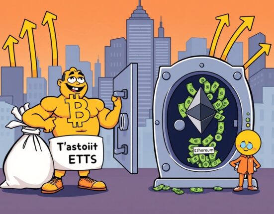 Cartoon showing US spot Bitcoin ETFs gaining significant inflows while Ethereum ETFs experience outflows, highlighting market divergence.