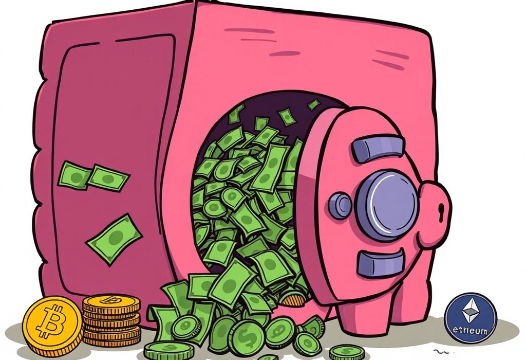 A cartoon depiction of money flowing out of a large vault, symbolizing net outflows from U.S. spot Bitcoin ETF and Ethereum ETF products.