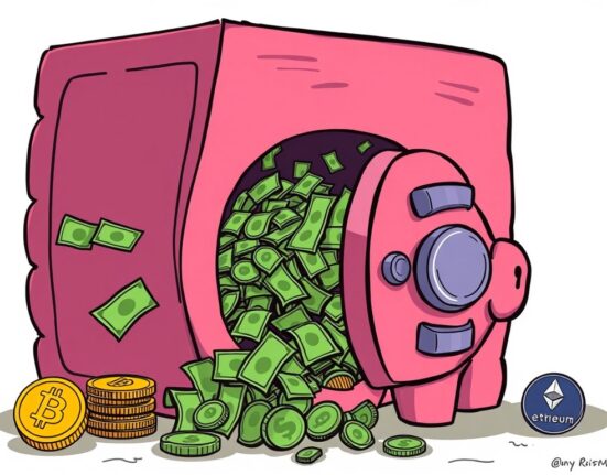 A cartoon depiction of money flowing out of a large vault, symbolizing net outflows from U.S. spot Bitcoin ETF and Ethereum ETF products.