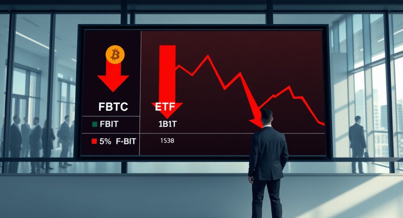 US spot BTC ETFs on a trading screen showing red downward arrows indicating a net outflow of $263.2 million on April 27.