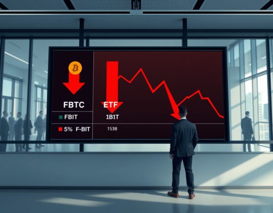 US spot BTC ETFs on a trading screen showing red downward arrows indicating a net outflow of $263.2 million on April 27.