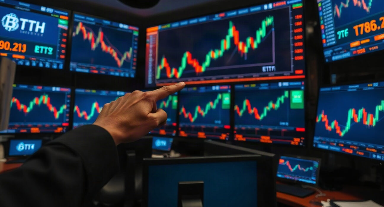 Trader pointing at rising Bitcoin and Ethereum ETF charts on trading monitors