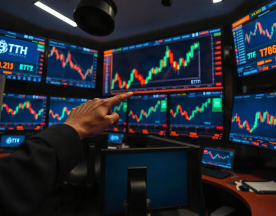 Trader pointing at rising Bitcoin and Ethereum ETF charts on trading monitors