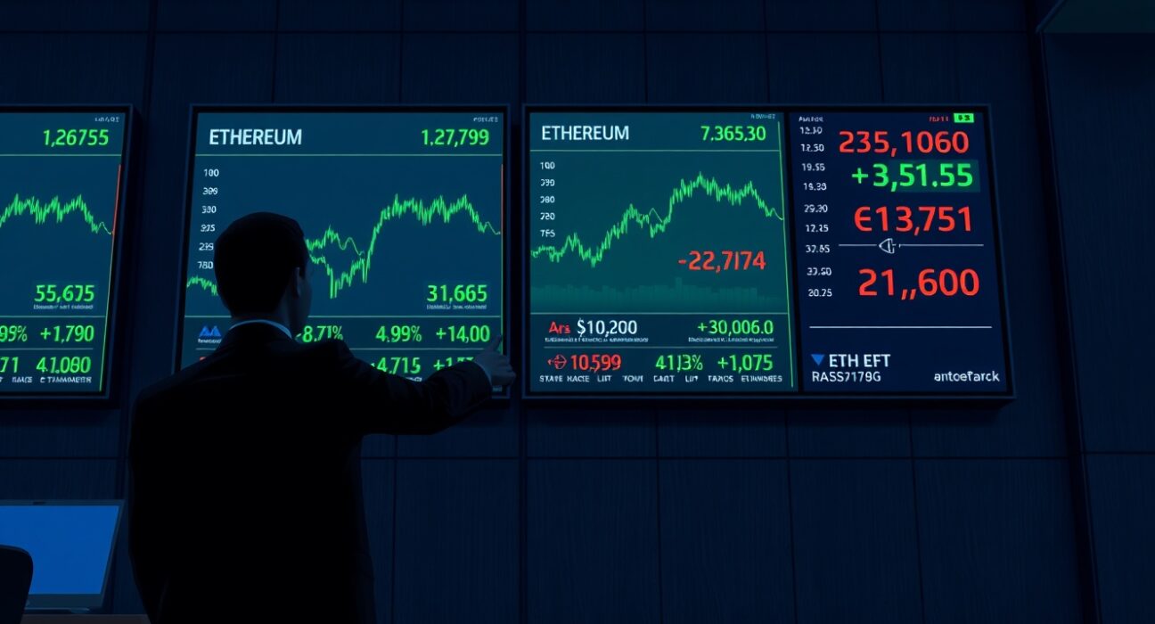 US spot ETH ETFs trading data on financial screens showing net inflow surge on May 1