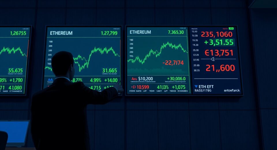 US spot ETH ETFs trading data on financial screens showing net inflow surge on May 1