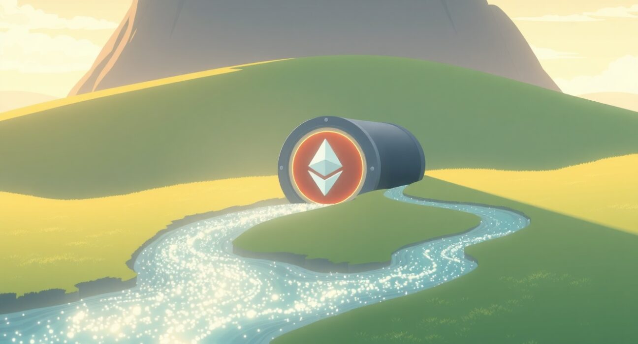 US spot Ethereum ETF inflows symbolized as digital assets flowing securely into institutional investment.