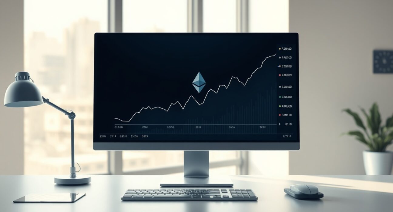 Professional trading desk monitor showing an upward trend for US spot Ethereum ETF investments.