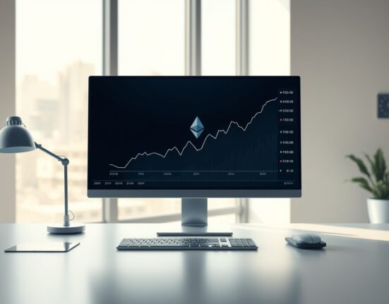 Professional trading desk monitor showing an upward trend for US spot Ethereum ETF investments.