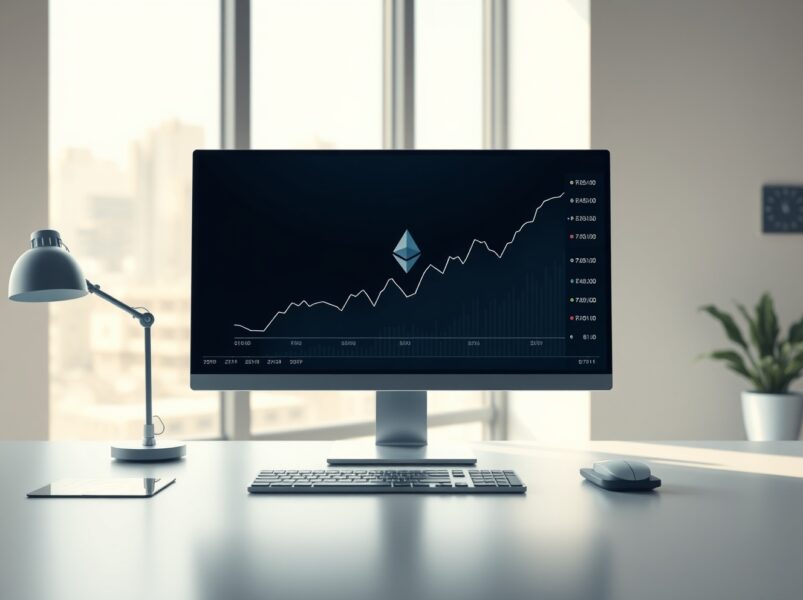 Professional trading desk monitor showing an upward trend for US spot Ethereum ETF investments.