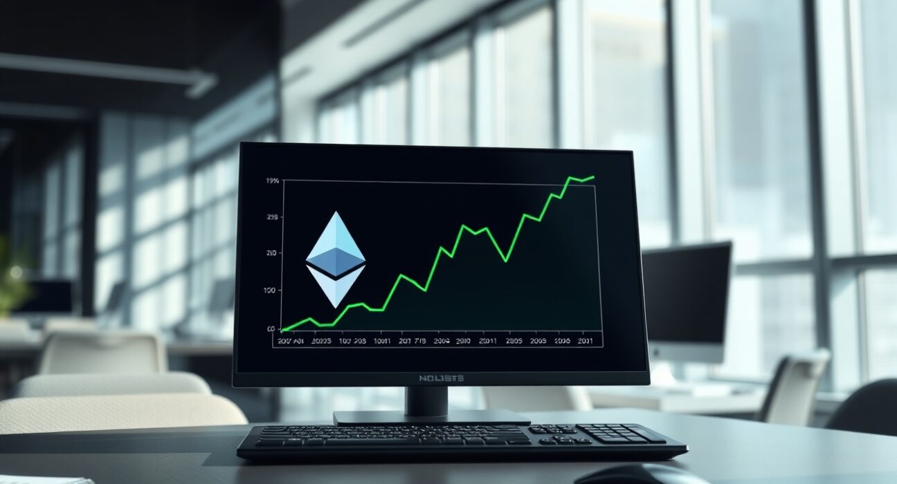 Analytical chart showing rising US spot Ethereum ETF investment inflows on a financial desk.