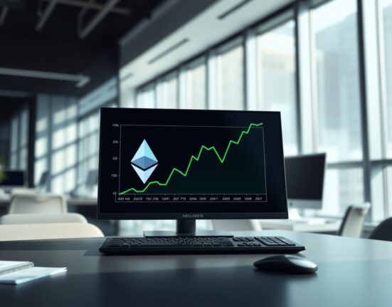 Analytical chart showing rising US spot Ethereum ETF investment inflows on a financial desk.