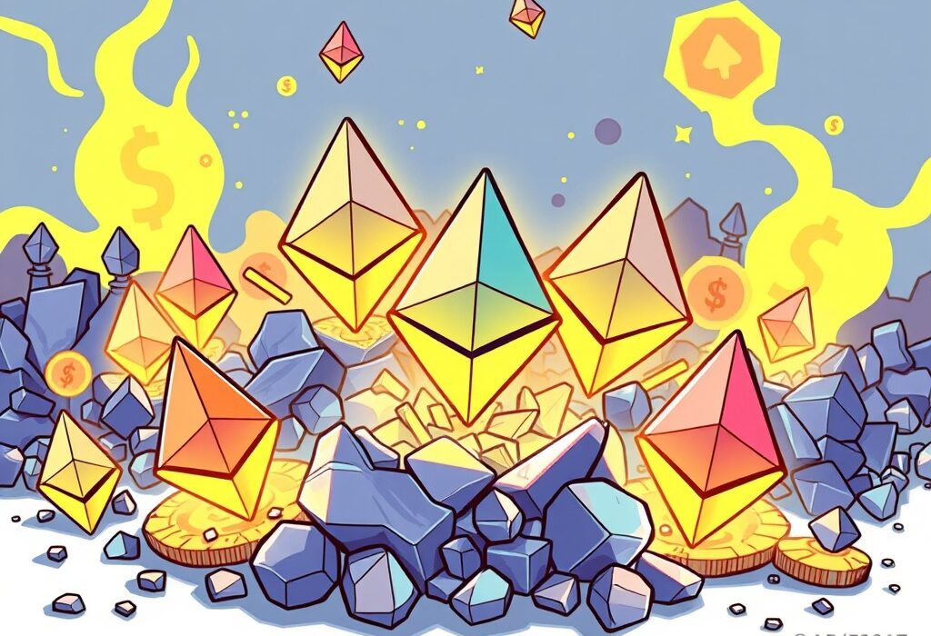 Cartoon illustration showing U.S. spot ETH ETFs accumulating a large portion of Ethereum, symbolizing growing institutional investment.