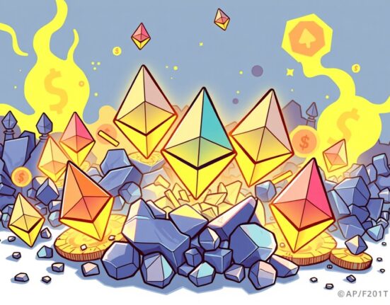 Cartoon illustration showing U.S. spot ETH ETFs accumulating a large portion of Ethereum, symbolizing growing institutional investment.