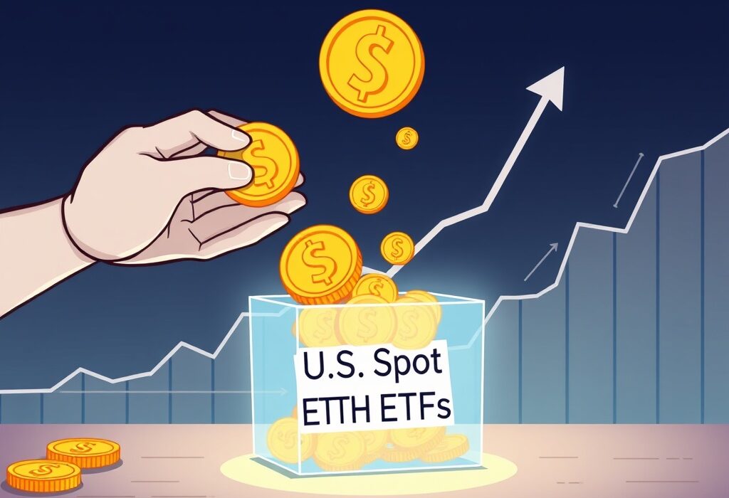 Cartoon illustration depicting significant investment flowing into U.S. spot ETH ETFs, symbolizing a positive market shift.