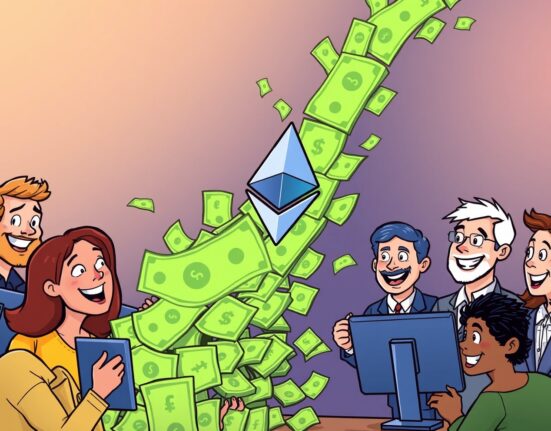 Cartoon illustration showing significant investment flowing into US spot ETH ETFs, symbolizing positive market momentum and investor confidence.