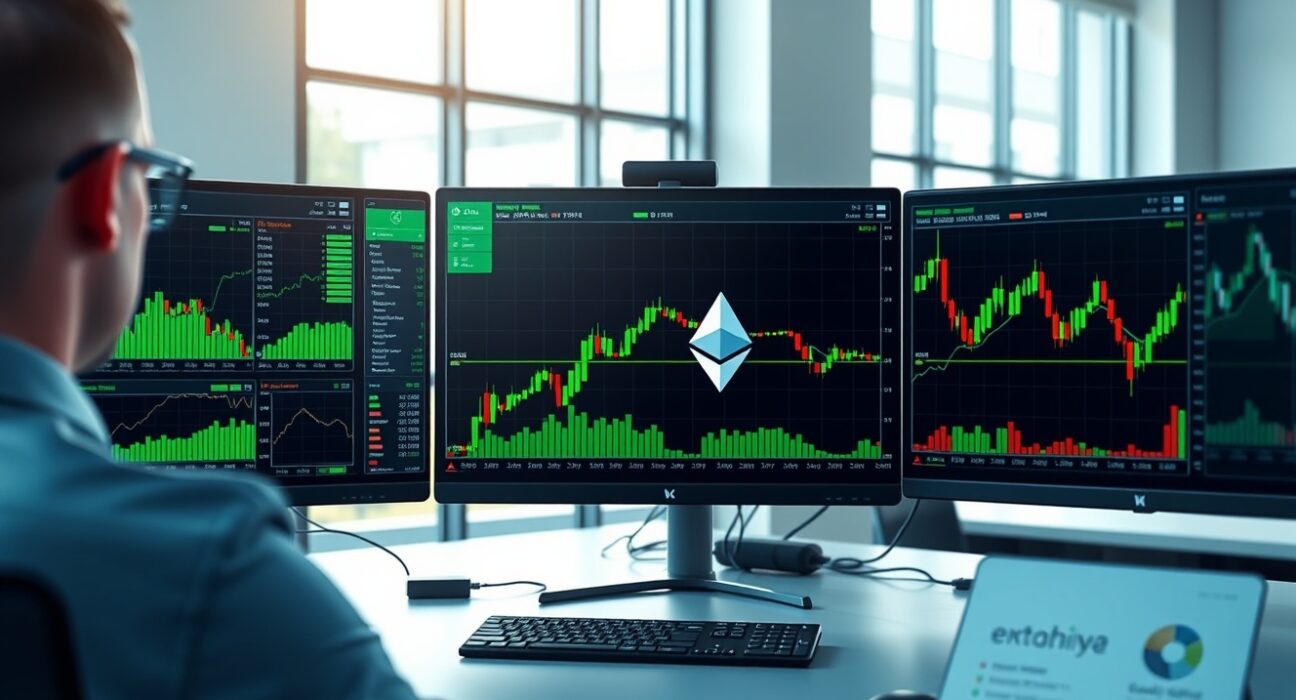 Financial data visualization showing US spot Ethereum ETF inflow reversal on trading monitors