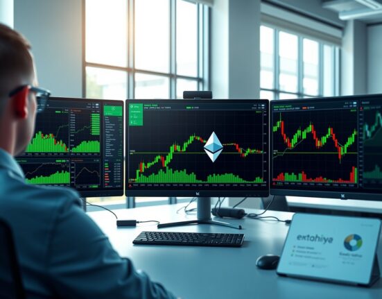 Financial data visualization showing US spot Ethereum ETF inflow reversal on trading monitors