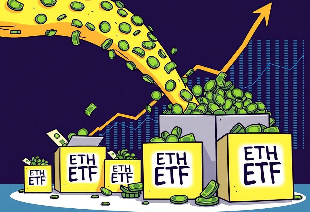 Cartoon showing a surge of funds flowing into US spot ETH ETFs, symbolizing continuous net inflows and growing investor interest.