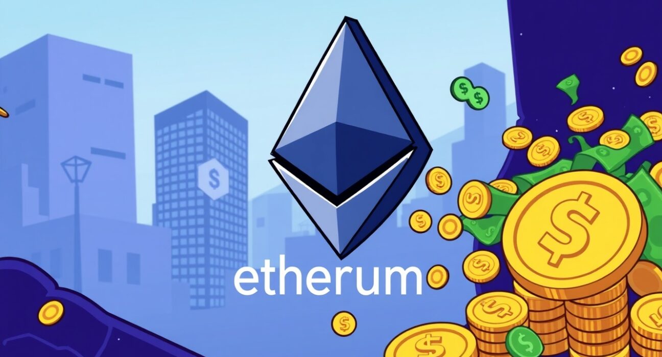 Cartoon illustration showing money flowing into an Ethereum logo, symbolizing significant US spot ETH ETFs inflows.