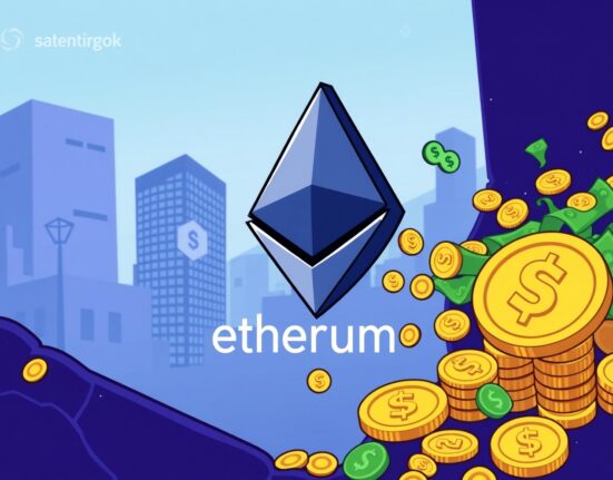 Cartoon illustration showing money flowing into an Ethereum logo, symbolizing significant US spot ETH ETFs inflows.