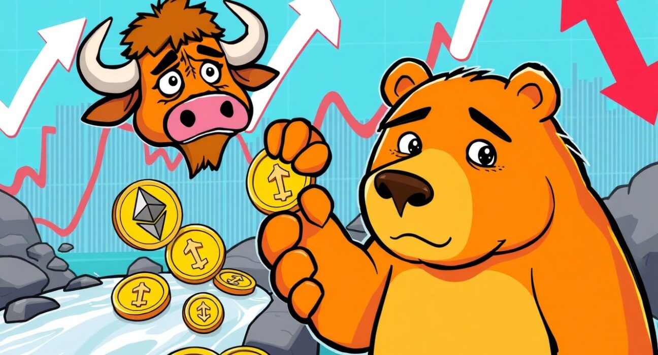 A cartoon illustration showing funds exiting US spot ETH ETFs, symbolizing the recent net outflows and market shift.